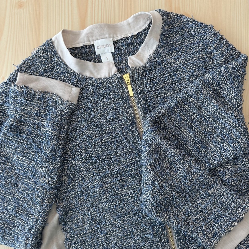 Chico's Blue Metallic Linen Blend Knit‎ Gold Zip Front Jacket Sz 1 Career Casual